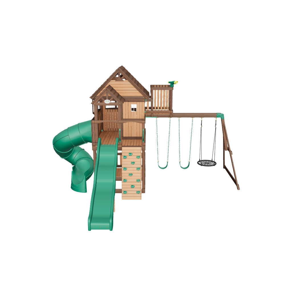 Cedrowy Plac Zabaw z Krętą Turbo Zjeżdżalnią Skyfort With Tube Slide  (6,0 m × 5,1 m × 3,8 m) · Backyard Discovery Skyfort With Tube Slide wooden play-set