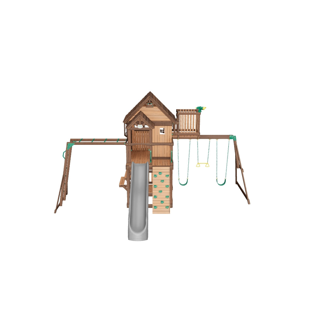 Backyard Discovery Skyfort II – Dwukolorowy drewniany plac zabaw dla dzieci 6,7 × 5,1 × 3,8 m · Backyard Discovery Skyfort II Wooden Swing & Play Set