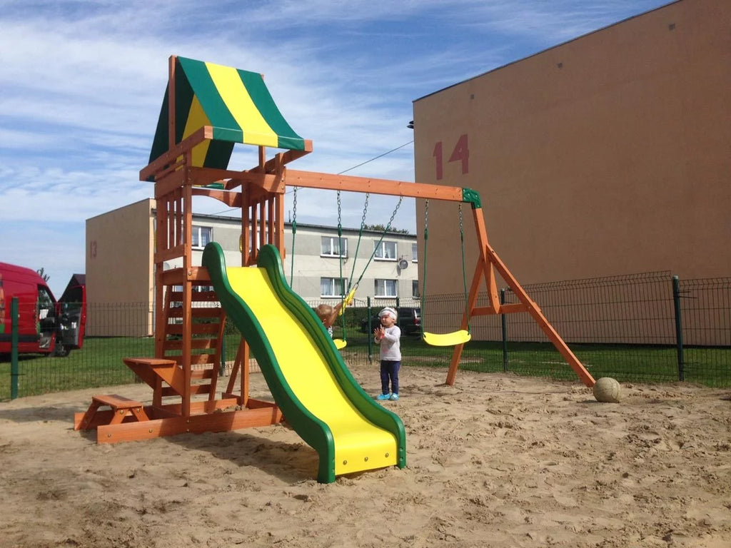 Drewniany Plac Zabaw Sunny Dale Backyard Discovery Ze zjeżdżalnią, Huśtawkami i Domkiem i Barem